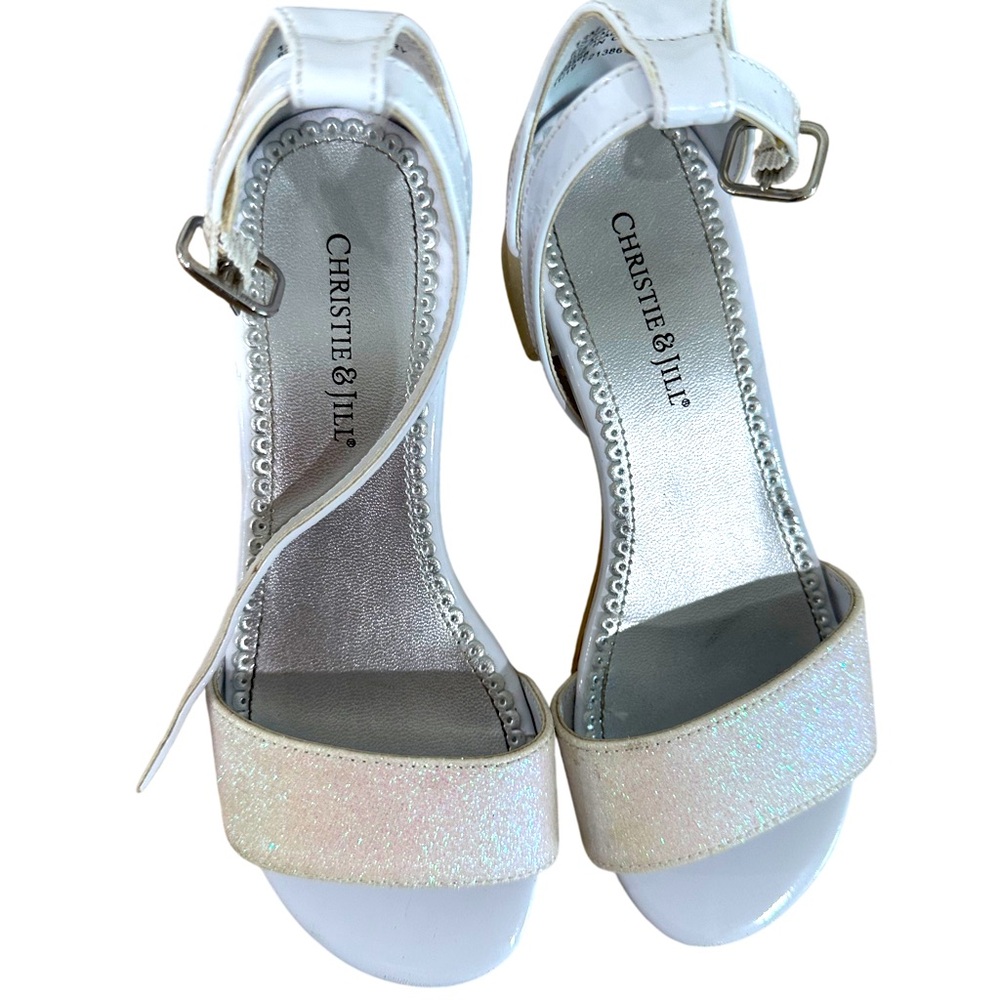 Christie & Jill Girls White Glitter Block Heel Sandals Size 13 Party Dress Shoes